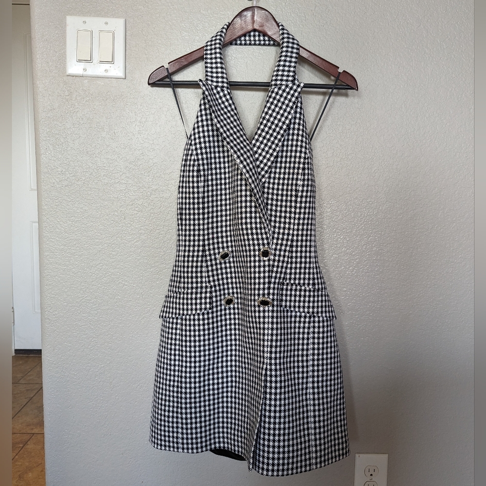 Houndstooth double breasted halter Sleeveless crystal embellished dress